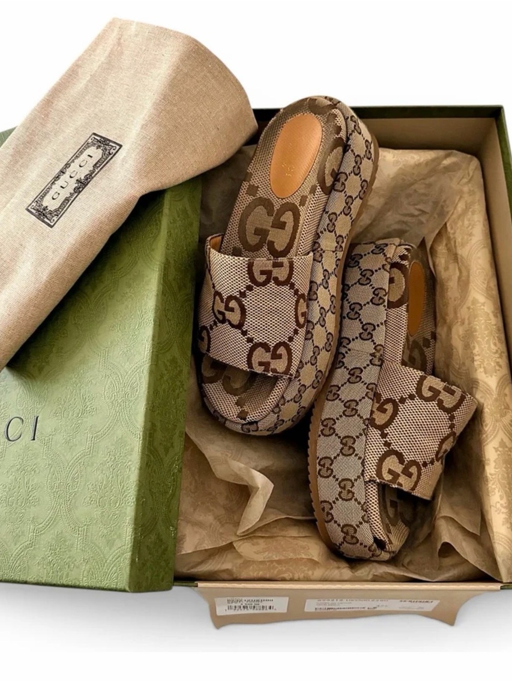 Gucci Brown Beige Logo Platform Slide Sandals - Picture 13 of 13